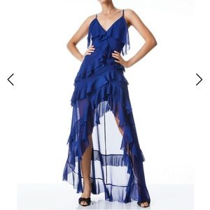 Alice + Olivia Lavern lace back asymmetrical ruffle dress